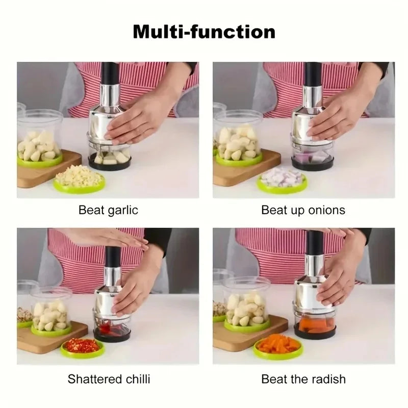 Vertical Hand Press Garlic Chopper Manual Kitchen Tool Vegetable Onion Nut Cutter with Storage Container
