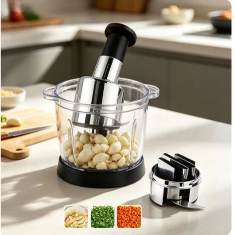 Vertical Hand Press Garlic Chopper Manual Kitchen Tool Vegetable Onion Nut Cutter with Storage Container