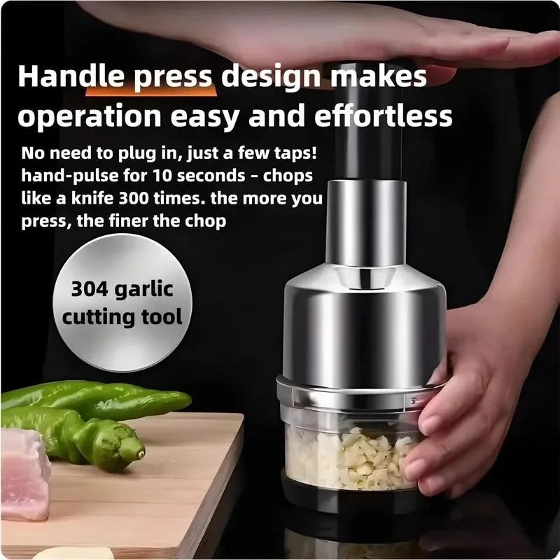 Vertical Hand Press Garlic Chopper Manual Kitchen Tool Vegetable Onion Nut Cutter with Storage Container