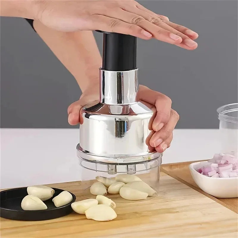 Vertical Hand Press Garlic Chopper Manual Kitchen Tool Vegetable Onion Nut Cutter with Storage Container