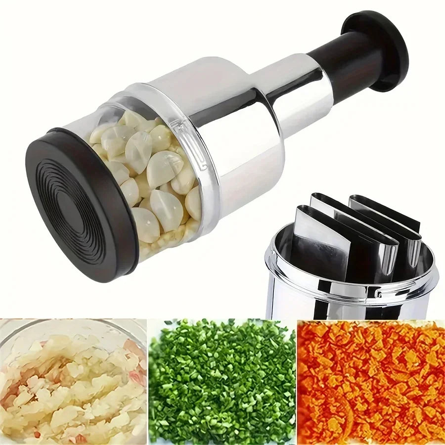 Vertical Hand Press Garlic Chopper Manual Kitchen Tool Vegetable Onion Nut Cutter with Storage Container